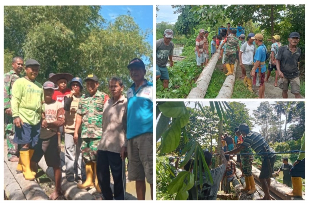 TNI dan Warga Gotong Royong Bangun Jembatan Darurat di Luwu Utara
