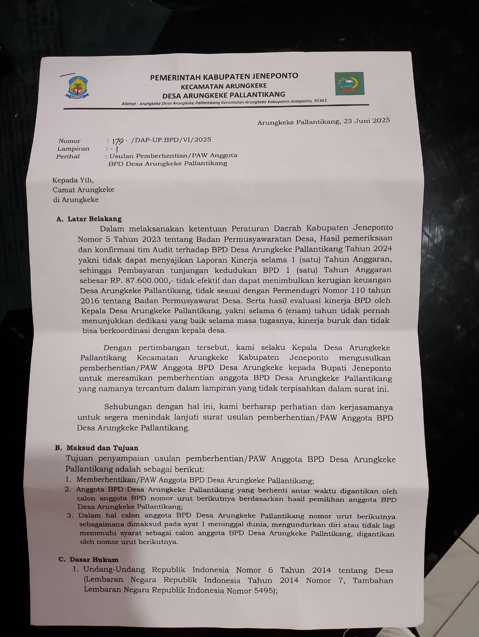 Kepala Desa Arungkeke Diduga Langgar Aturan dalam Penggantian Anggota BPD