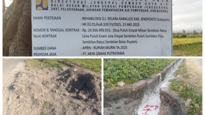 Proyek Rp24,9 Miliar D.I Kelara Karalloe Jeneponto Diduga Gunakan Material Pasir Tidak Standar, Rugikan Negara